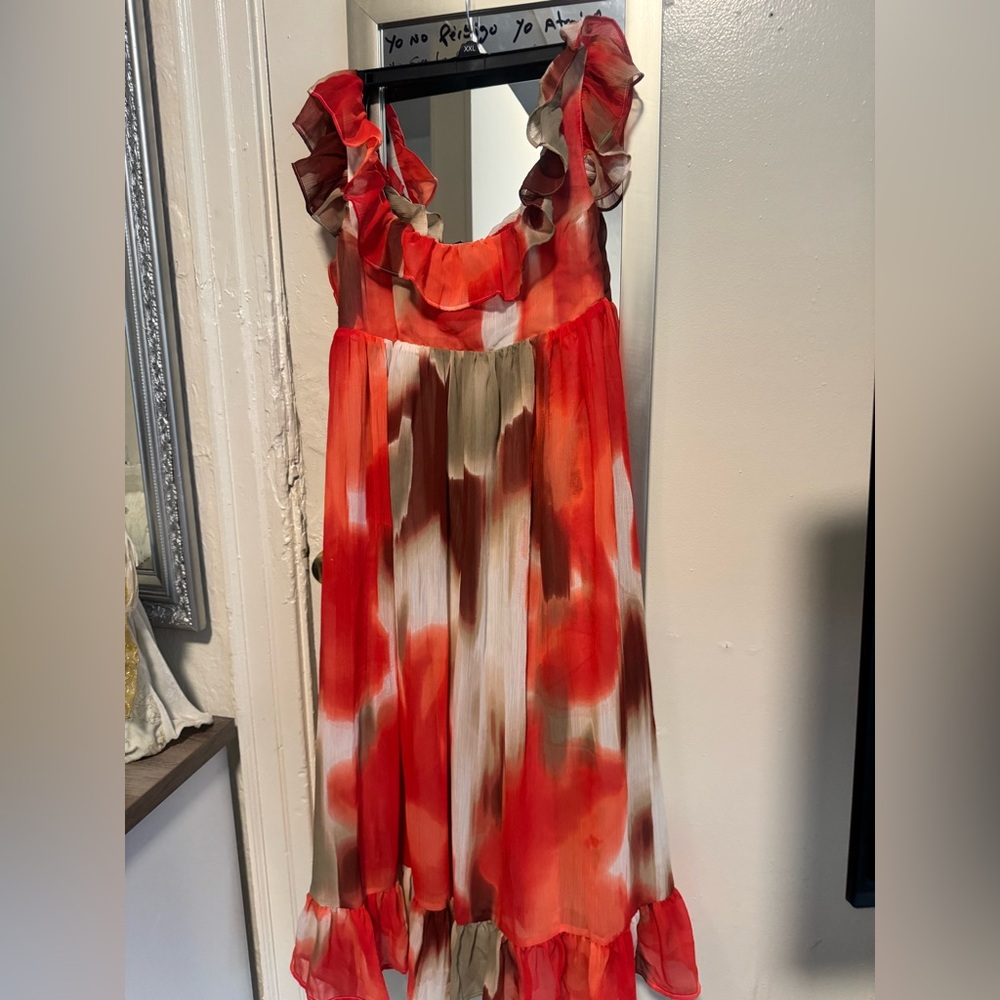 Banana Republic Red and Brown Ruffled Dress